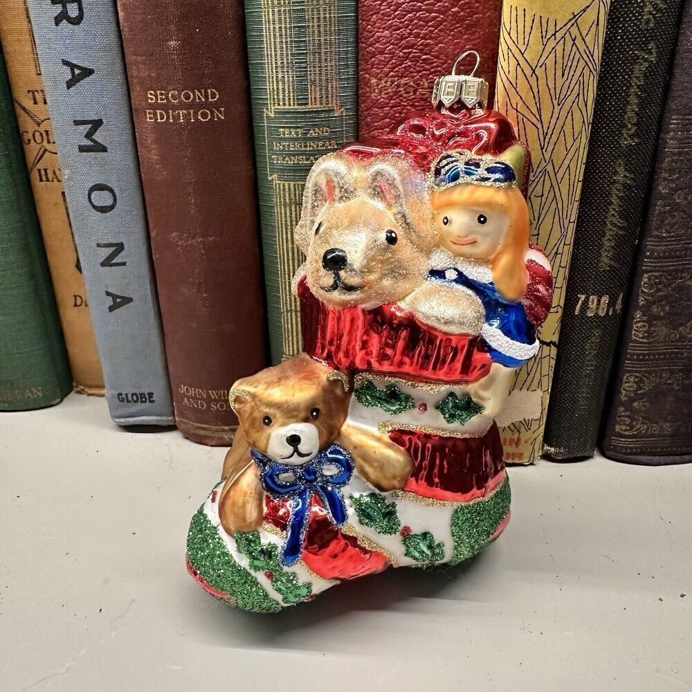 Fitz and Floyd Vintage Christmas Stocking w Toys Glass Ornament 2 Sided Tree Dec